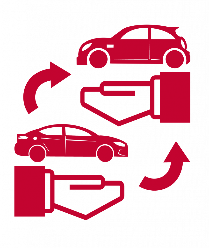 a sign of two hands, two cars and two arrows in exchanging motion