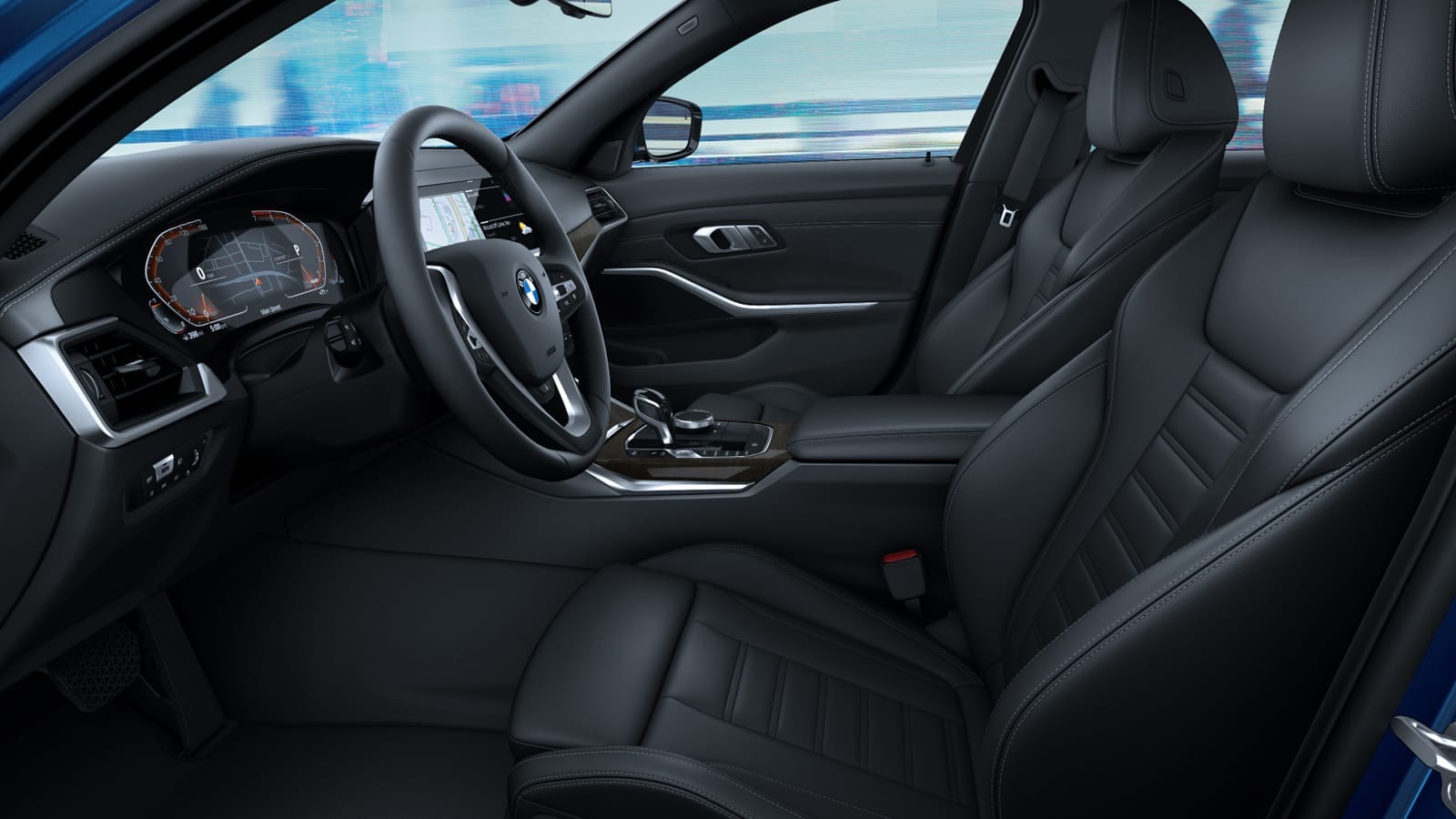 bmw 3 series front seats and steering wheel view