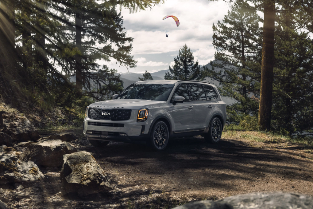 kia telluride front angular view on the background of the forest