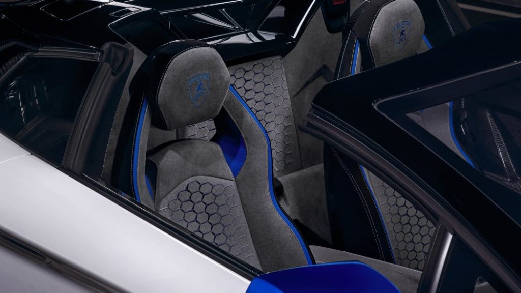 2021 lamborghini aventador grey seats with blue details