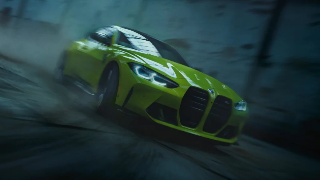 yellow bmw m4 in a dynamic position