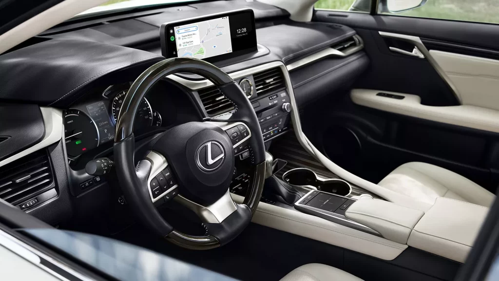 steering wheel and the infotainment system of 2021 Lexus RX 350