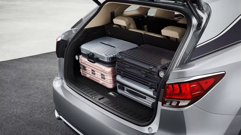 trunk space of 2021 Lexus RX 350 with four cases loaded inside