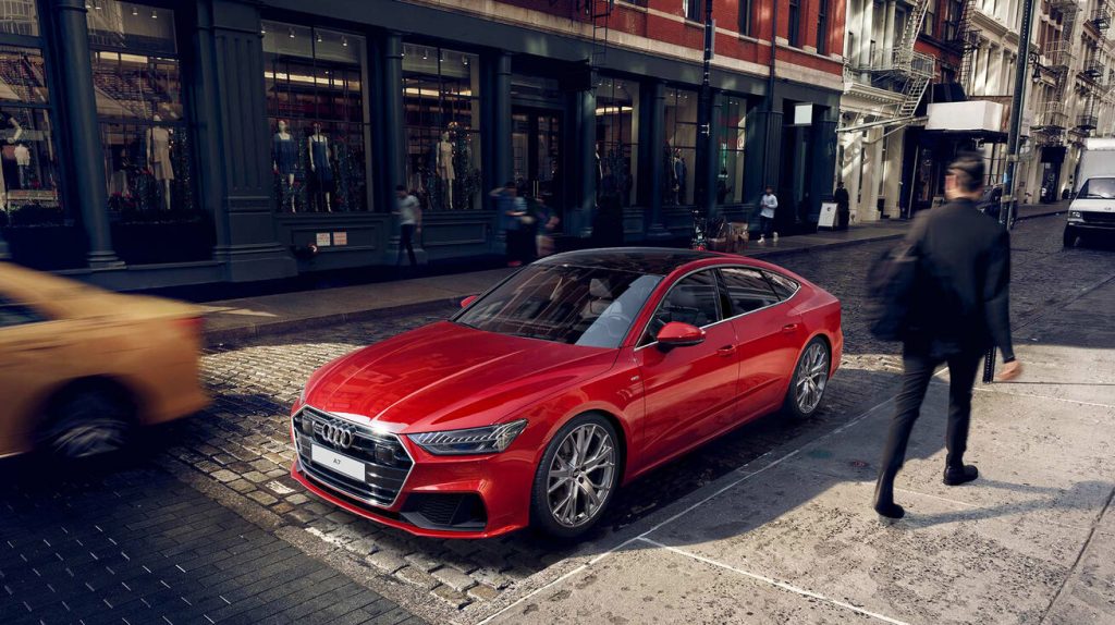 front angular view on red 2021 audi a7