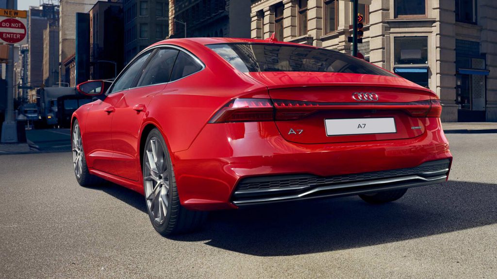 rear angular view on red 2021 audi a7