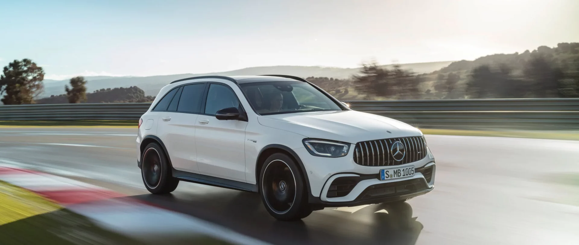 Mercedes-Benz GLC-Class AMG GLC 63 S front angular view in the motion on the motorway