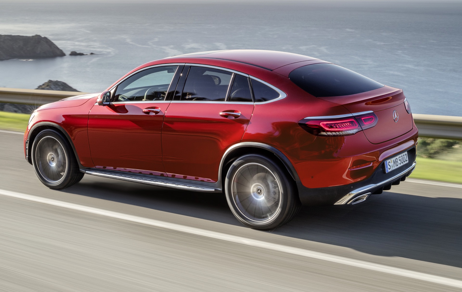 red Mercedes-Benz GLC-Class Coupe rear angular view turn on the road