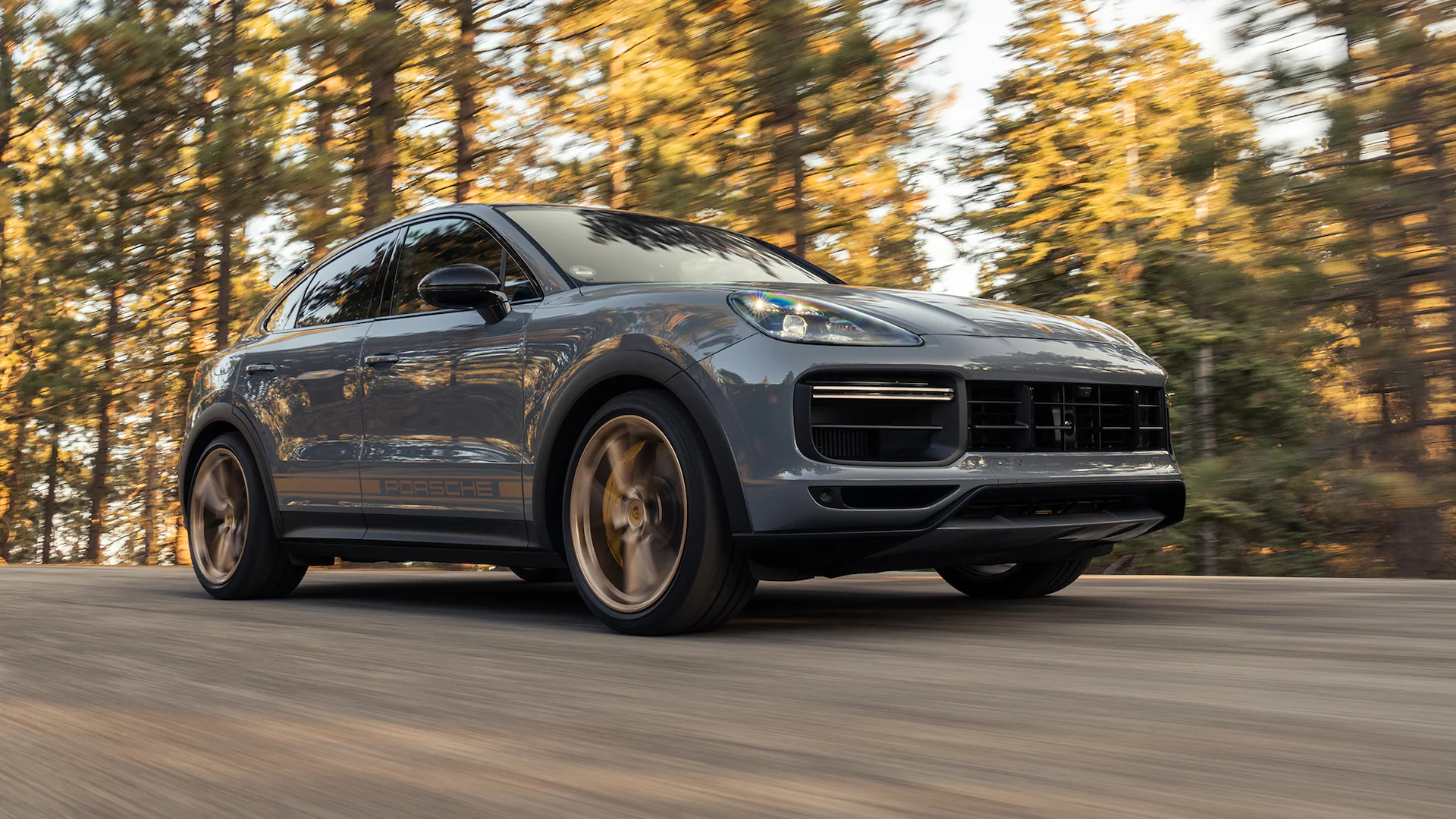 Porsche Cayenne Coupe Turbo GT front angular view in the motion
