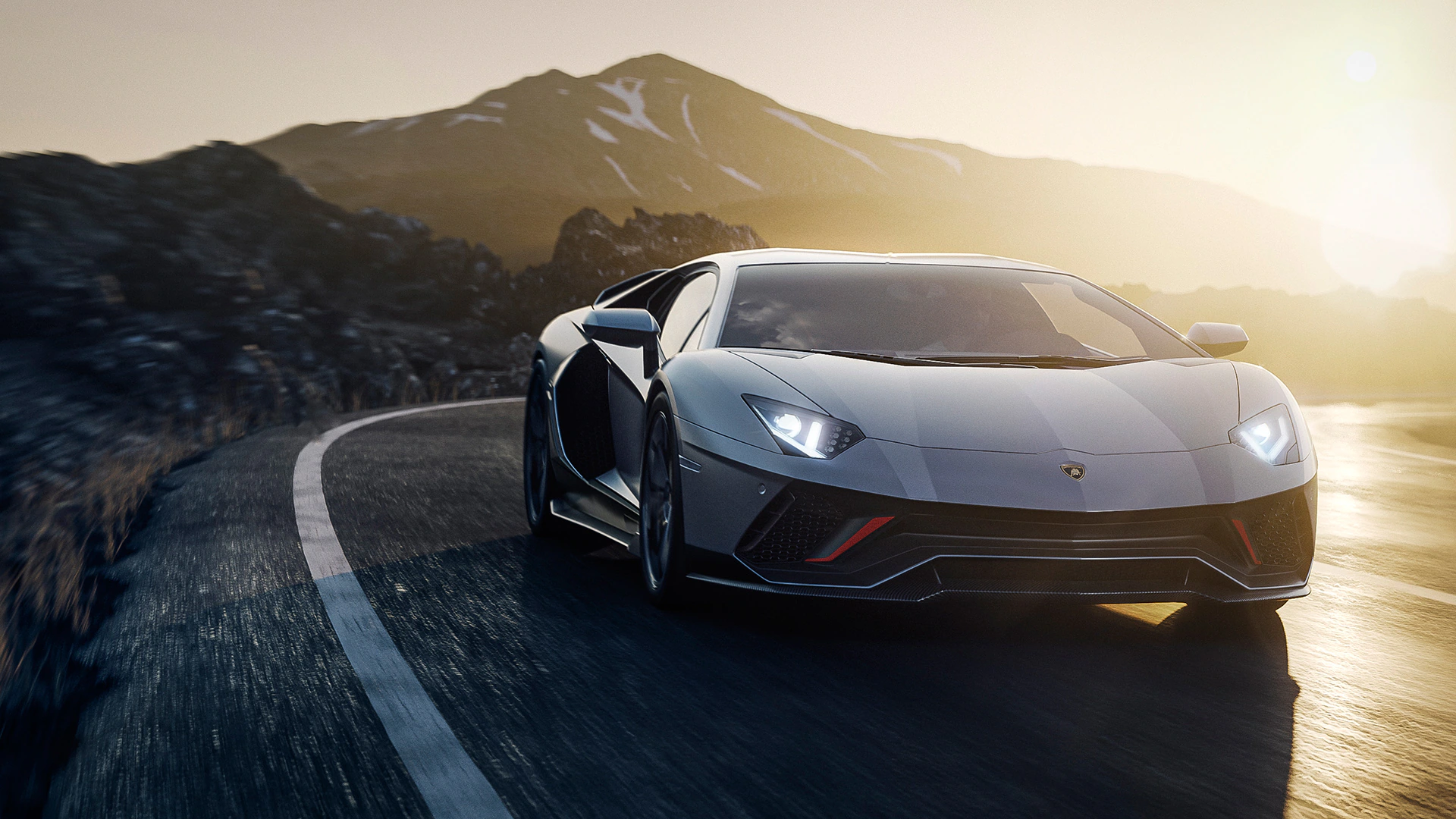 lamborghini coupe front angular view on the background of mountains