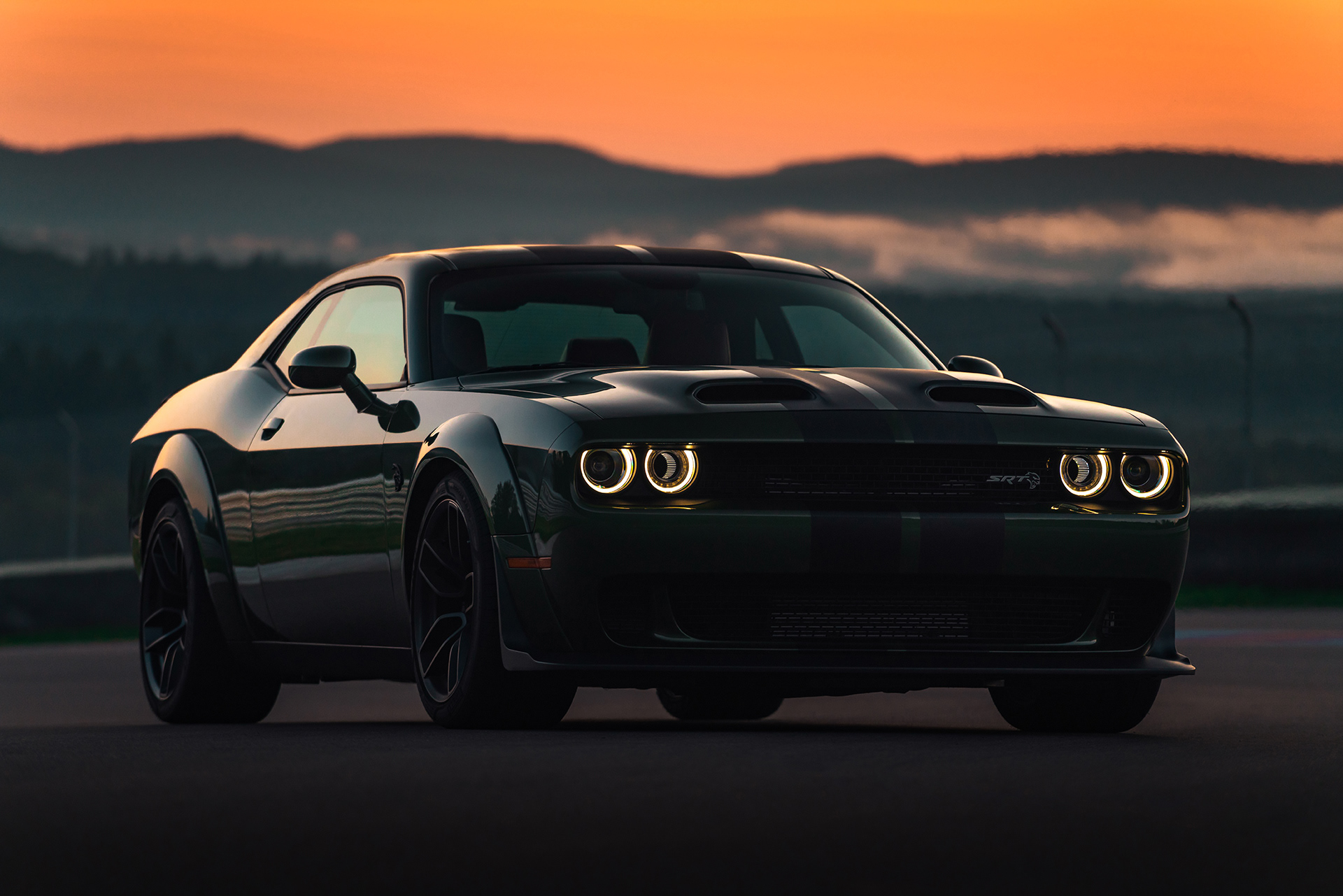 Dodge Challenger SRT Hellcat front angular view in the twilight